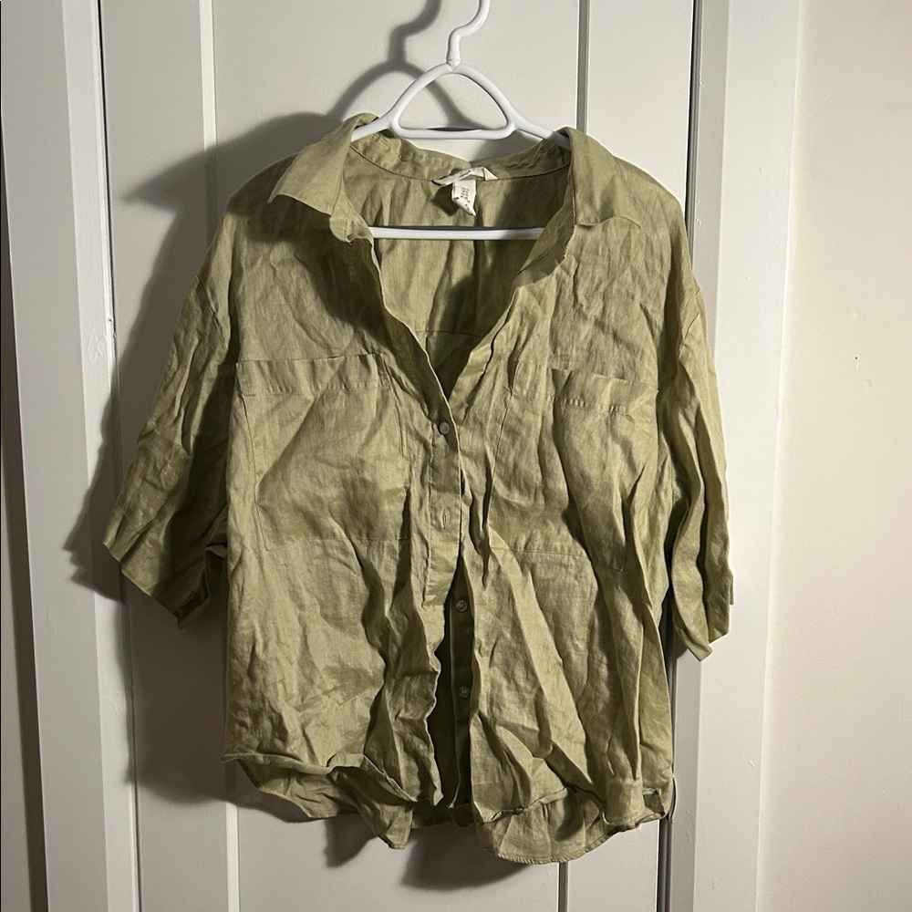 H&M Linen Light Green Button-Down Blouse